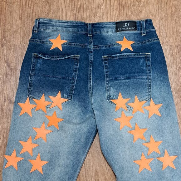 DD2 Faux Leather Orange Applique Star Distressed Denim Men's Size 30 - Picture 8 of 10
